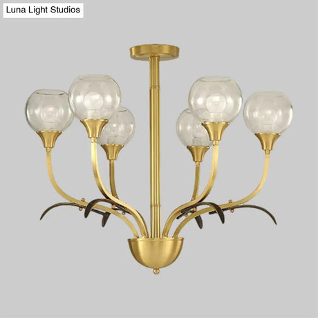 Vintage Brass Flushmount Chandelier With Clear Glass 3/6 Heads - Perfect For Sitting Rooms