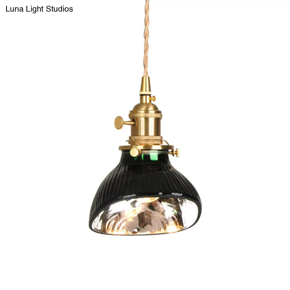 Vintage Brass Green Glass Pendant Light With Rotary Switch