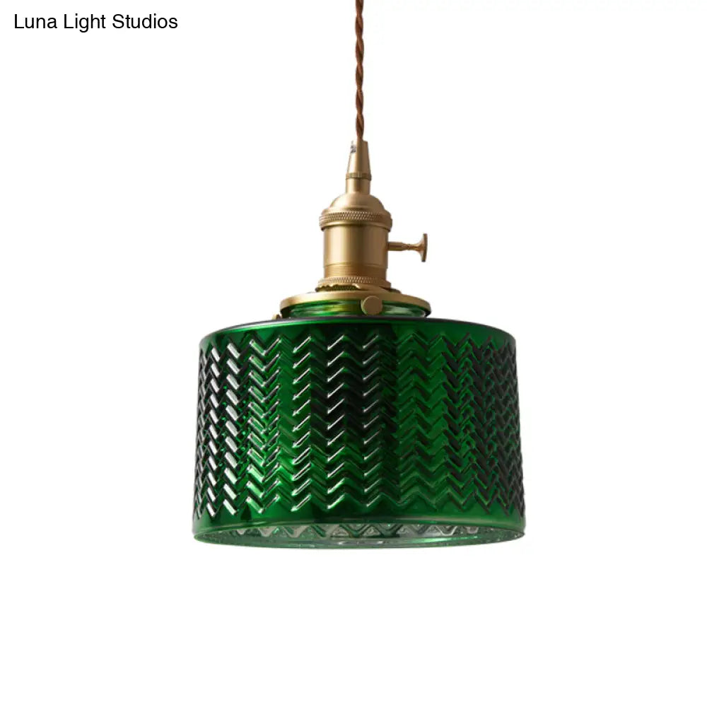 Vintage Brass Green Glass Pendant Light With Rotary Switch
