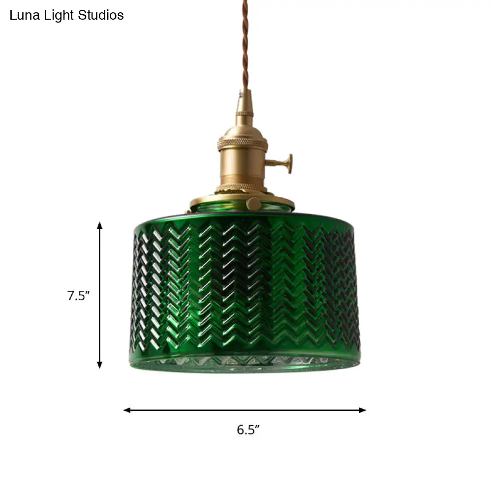 Vintage Brass Green Glass Pendant Light With Rotary Switch