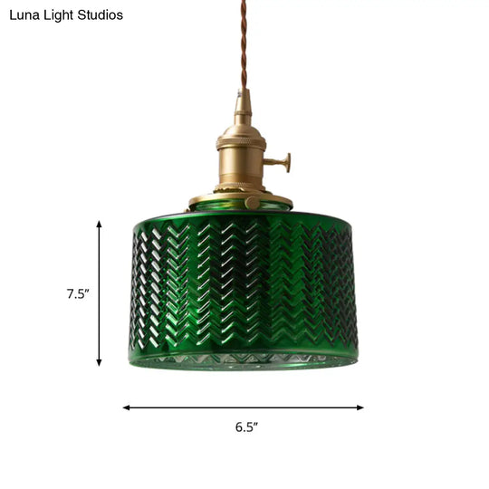 Vintage Brass Green Glass Pendant Light With Rotary Switch