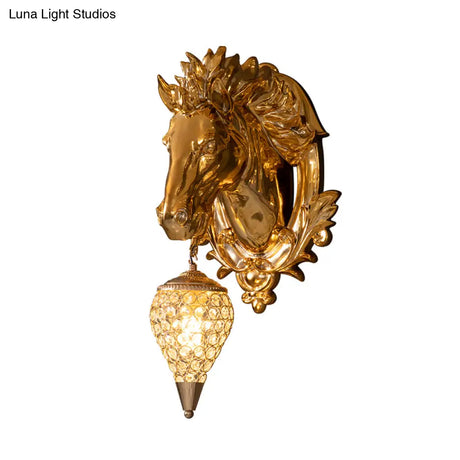 Vintage Brass Horse Sconce Light Resin Wall Mount With Metal And Crystal Shade - 9.5/12 Wide