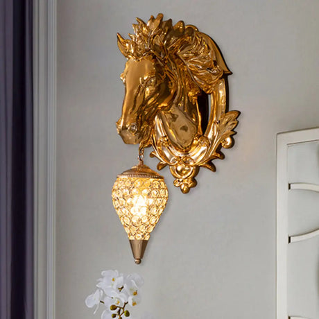 Vintage Brass Horse Sconce Light Resin Wall Mount With Metal And Crystal Shade - 9.5/12 Wide / 9.5