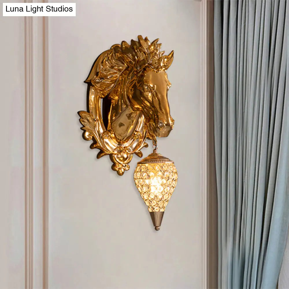 Vintage Brass Horse Sconce Light Resin Wall Mount With Metal And Crystal Shade - 9.5/12 Wide