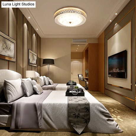 Vintage Brass Led Ceiling Light Fixture With Crystal Flush Mount Lamp And White Glass Shade -