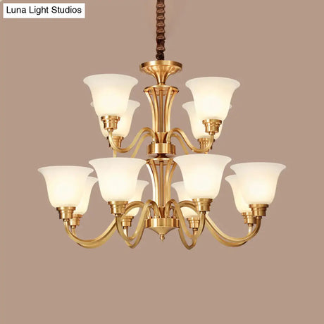 Vintage Brass Pendant Chandelier With Frosted Glass For Flared Stair Ceilings