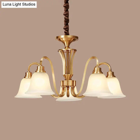 Vintage Brass Pendant Chandelier With Frosted Glass For Flared Stair Ceilings