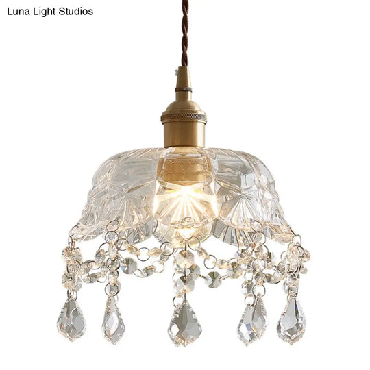 Vintage Brass Pendant Light With Clear Glass Shade Crystal Accents And Floral Design - Dining Room