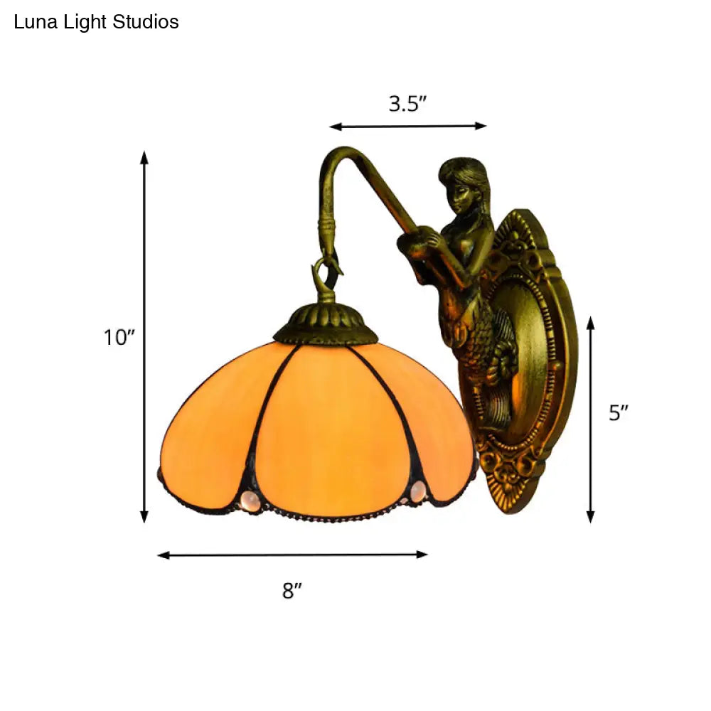Vintage Brass Petal Wall Light Tiffany 1-Light Yellow Glass Sconce With Mermaid Decoration