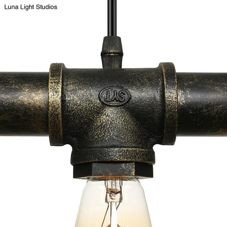 Vintage Brass Pipe Ceiling Light Fixture With Open Bulb - Iron 3 Lights Indoor Island Pendant