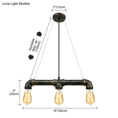Vintage Brass Pipe Ceiling Light Fixture With Open Bulb - Iron 3 Lights Indoor Island Pendant
