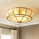 Vintage Brass Round Flush Mount Ceiling Light Fixture For Bedroom With Water Glass Accent