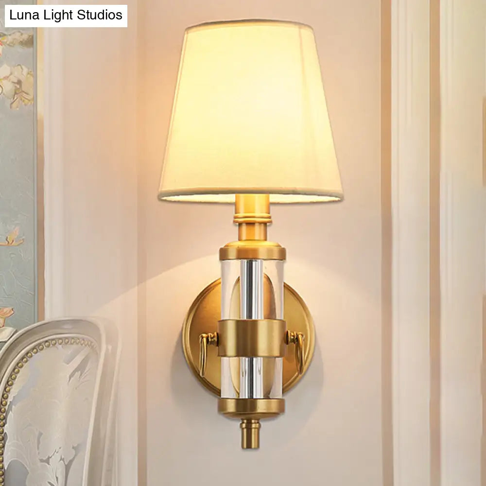 Vintage Brass Sconce Wall Lamp - Fabric Shade 1 Light Fixture For Bedroom