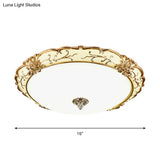 Vintage Brass Scroll Floral Trim Opal Glass Flushmount Led Ceiling Light For Bedroom -