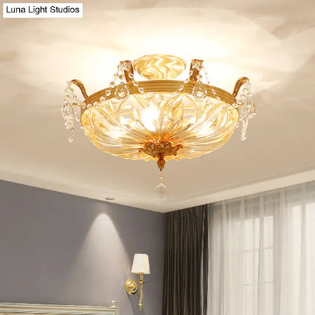 Vintage Brass Semi Flush Mount Ceiling Light With Amber Glass - 5 - Light Shaded Lighting For