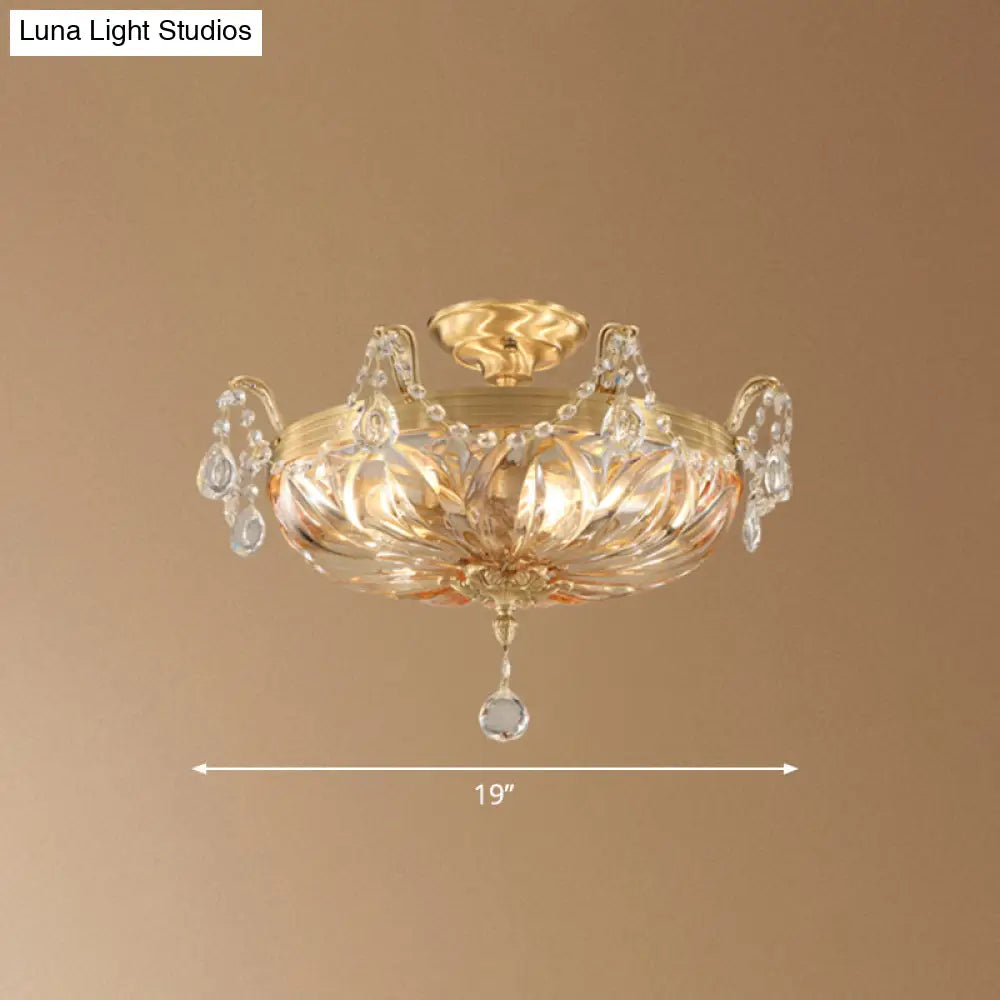 Vintage Brass Semi Flush Mount Ceiling Light With Amber Glass - 5 - Light Shaded Lighting For