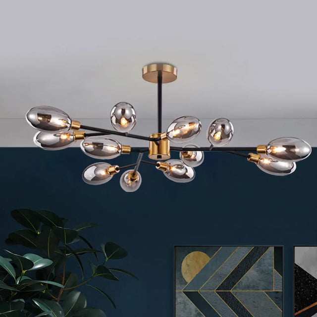 Vintage Brass Semi Mount Close To Ceiling Light With Smoke Grey Glass Shade - 12-Bulb Parlor