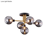 Vintage Brass Smoke Glass Kitchen Ceiling Fixture - Retro Semi Flush Mount Light With 5 Bulbs