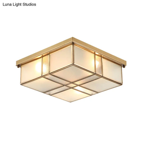 Vintage Brass Square Flush Mount Light With Frosted Glass Shades - Perfect For Bedrooms And