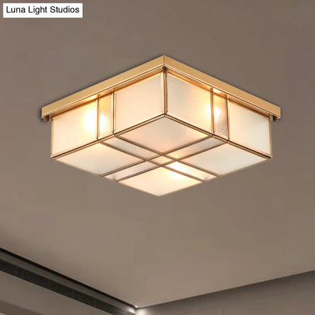 Vintage Brass Square Flush Mount Light With Frosted Glass Shades - Perfect For Bedrooms And Hallways