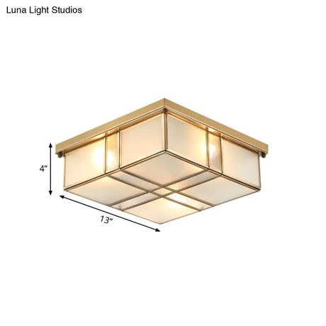 Vintage Brass Square Flush Mount Light With Frosted Glass Shades - Perfect For Bedrooms And