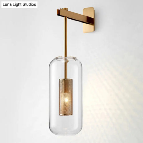 Vintage Brass Wall Lamp With Clear Glass Cylinder Shade - 1-Light Sconce For Corridor & Living Room
