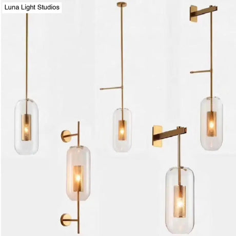 Vintage Brass Wall Lamp With Clear Glass Cylinder Shade - 1-Light Sconce For Corridor & Living Room