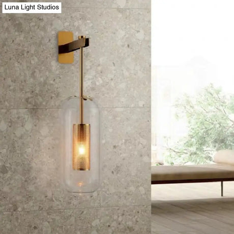Vintage Brass Wall Lamp With Clear Glass Cylinder Shade - 1-Light Sconce For Corridor & Living Room
