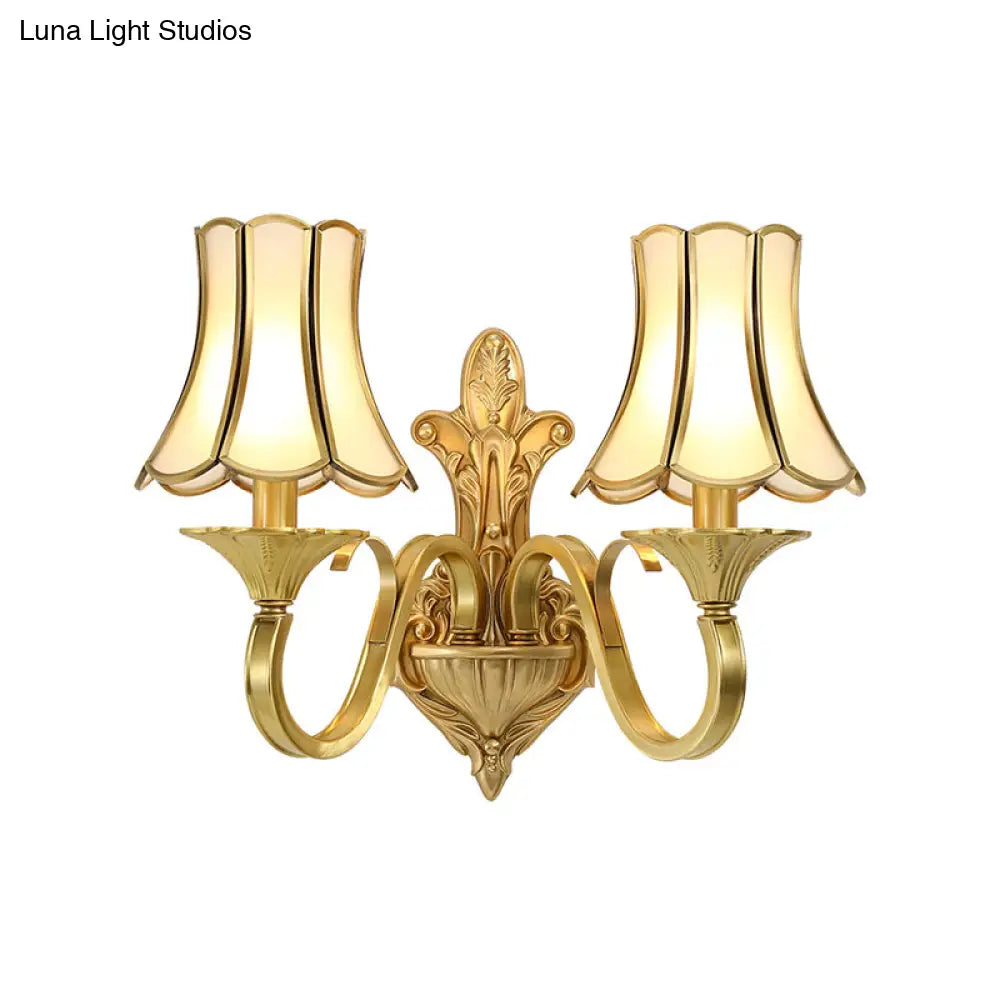 Vintage Brass Wall Mounted Bell Beveled Glass Light Fixture For Living Room