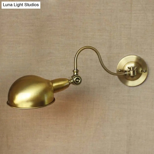 Vintage Brass Wall Sconce Light With Metallic Dome Shade And Gooseneck Arm