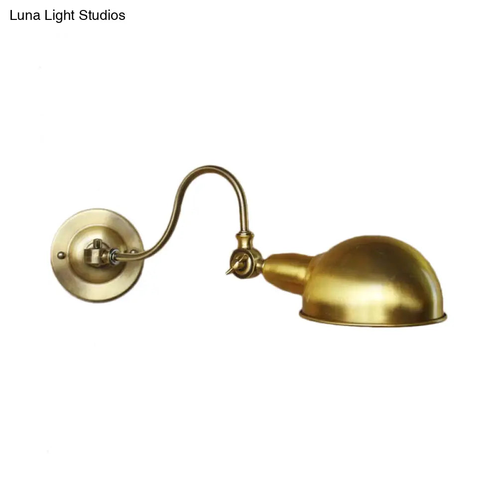 Vintage Brass Wall Sconce Light With Metallic Dome Shade And Gooseneck Arm