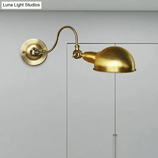 Vintage Brass Wall Sconce Light With Metallic Dome Shade And Gooseneck Arm
