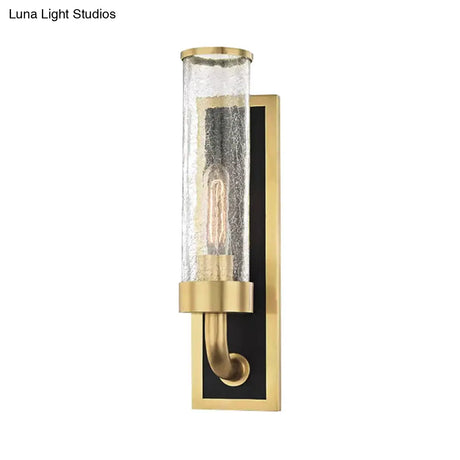 Vintage Brass Wall Sconce With Clear Crackle Glass Shade - Metal Tube Lighting For Dining Room (1/2