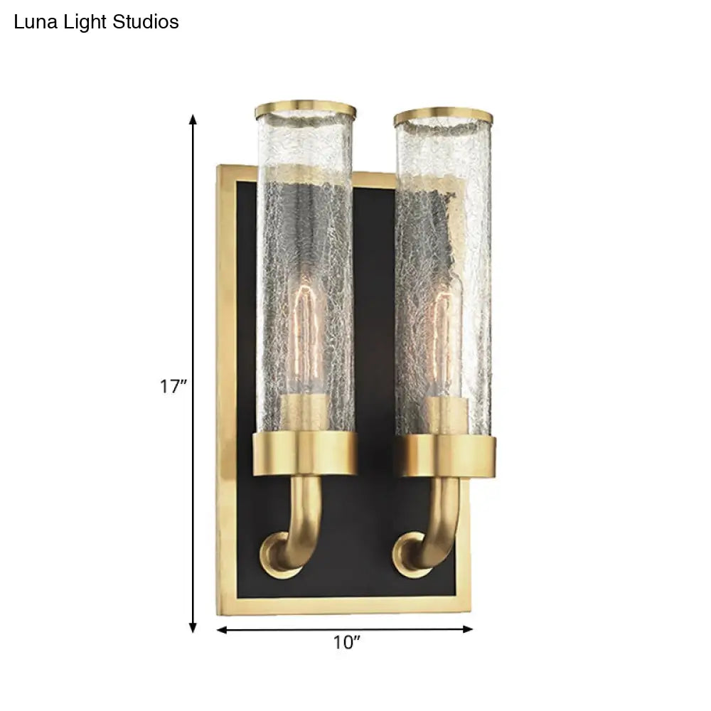 Vintage Brass Wall Sconce With Clear Crackle Glass Shade - Metal Tube Lighting For Dining Room (1/2