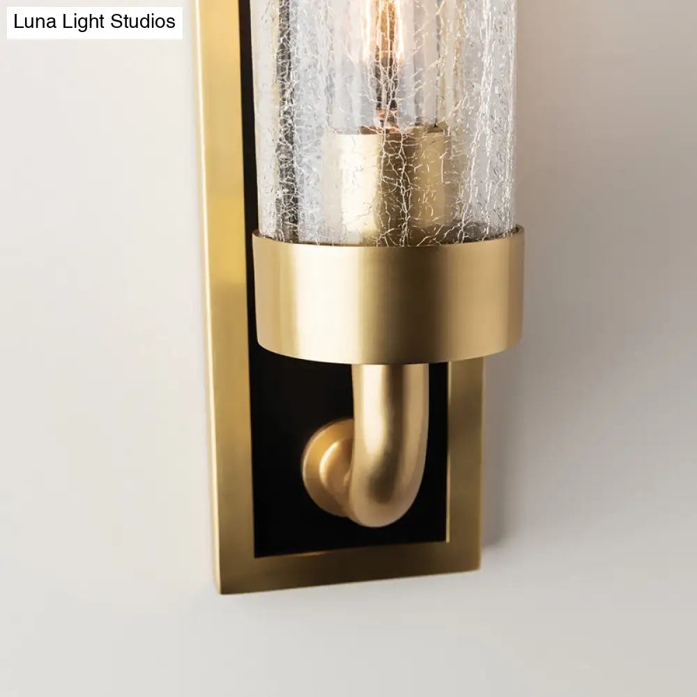 Vintage Brass Wall Sconce With Clear Crackle Glass Shade - Metal Tube Lighting For Dining Room (1/2