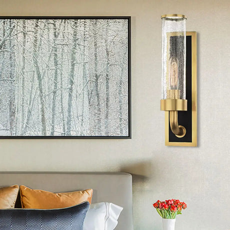 Vintage Brass Wall Sconce With Clear Crackle Glass Shade - Metal Tube Lighting For Dining Room (1/2