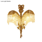 Vintage Brass Wall Sconce With Clear Crystal Drop - Metal Leaf Shape Lighting Fixture