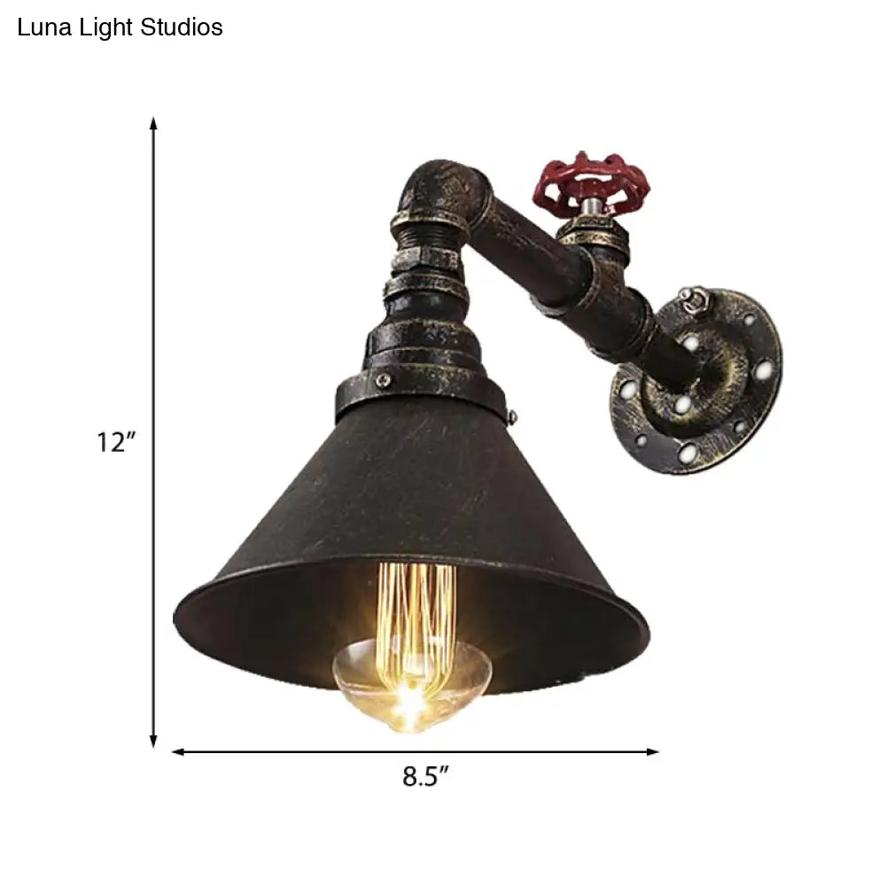 Vintage Brass Wall Sconce With Metal Cone Shade And Valve Décor - Antique Style Lamp Fixture
