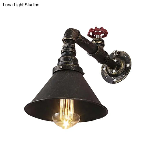 Vintage Brass Wall Sconce With Metal Cone Shade And Valve Décor - Antique Style Lamp Fixture