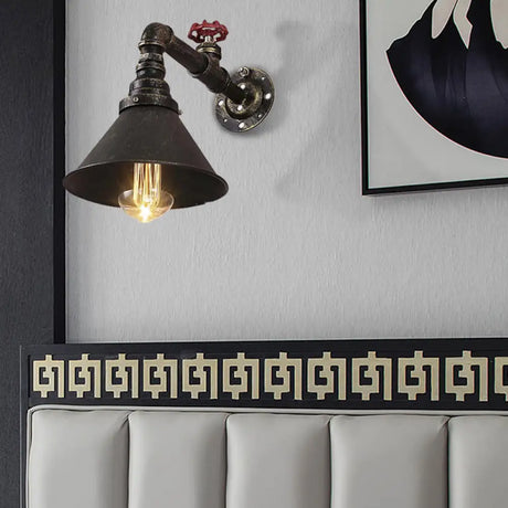 Vintage Brass Wall Sconce With Metal Cone Shade And Valve Décor - Antique Style Lamp Fixture