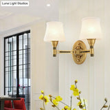 Vintage Brass Wall Sconce With Milk Glass Cone Shade For Bedroom