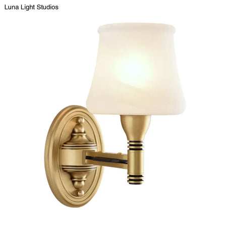 Vintage Brass Wall Sconce With Milk Glass Cone Shade For Bedroom