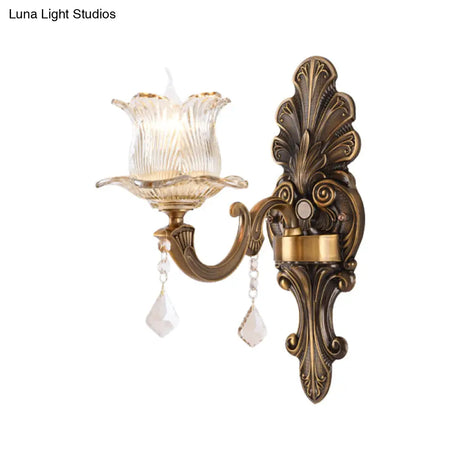 Vintage Brass Wall Sconce With Petal Textured Glass Shade For Living Rooms