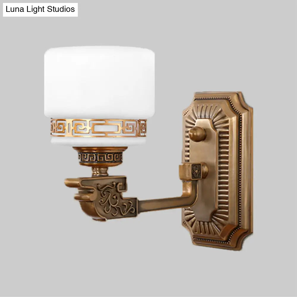 Vintage Brass Wall Sconce With Right Angle Arm - Elegant Cylindrical Milky Glass Lighting