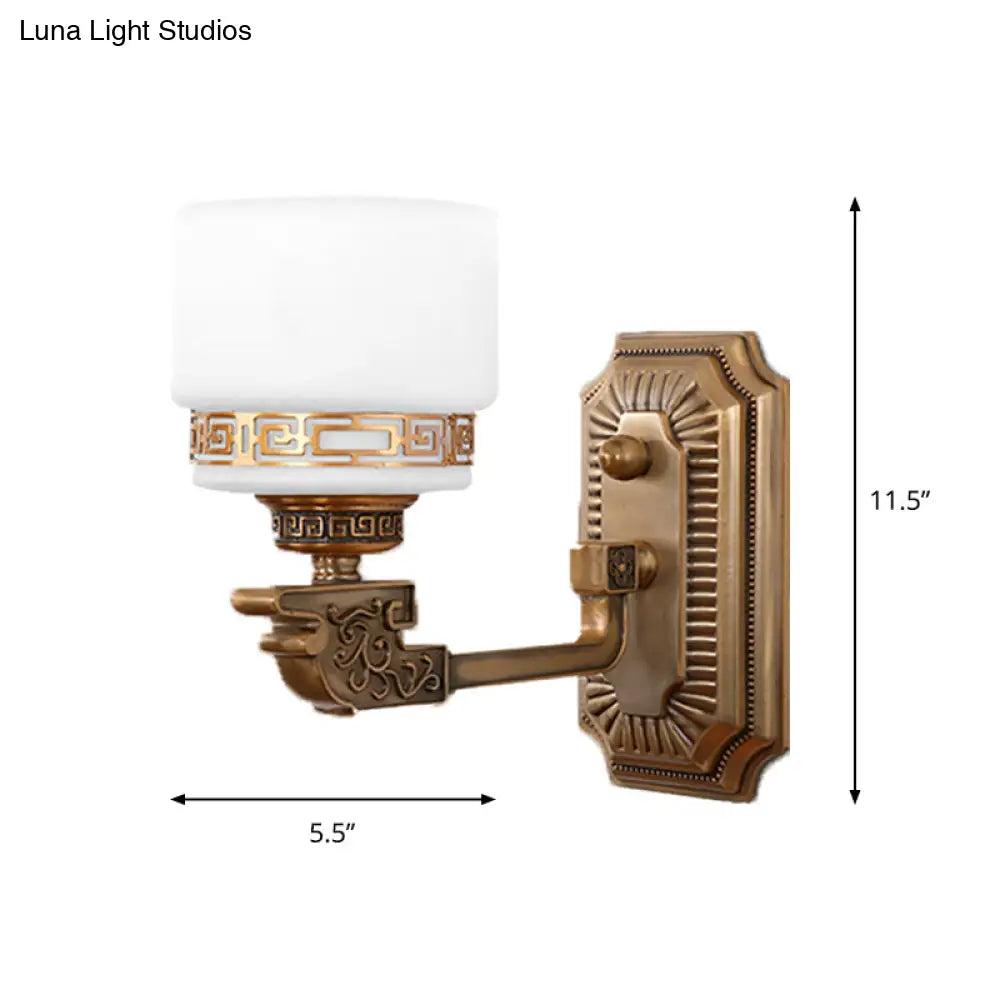 Vintage Brass Wall Sconce With Right Angle Arm - Elegant Cylindrical Milky Glass Lighting