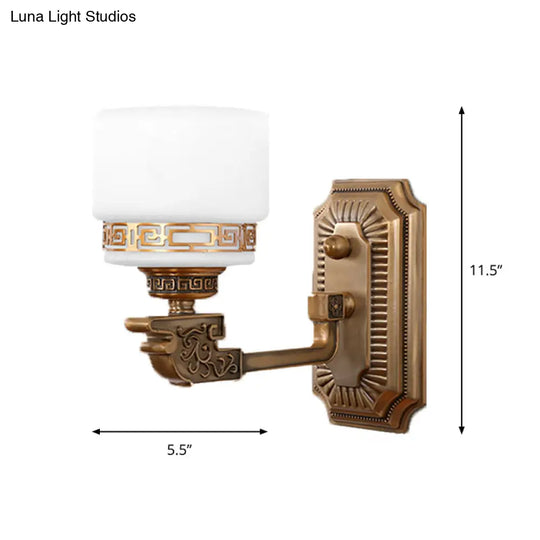 Vintage Brass Wall Sconce With Right Angle Arm - Elegant Cylindrical Milky Glass Lighting