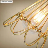 Vintage Brass Wire Frame Pendant Lamp W/ Ruffled Edge - Metallic 1-Light Hanging Light For Living