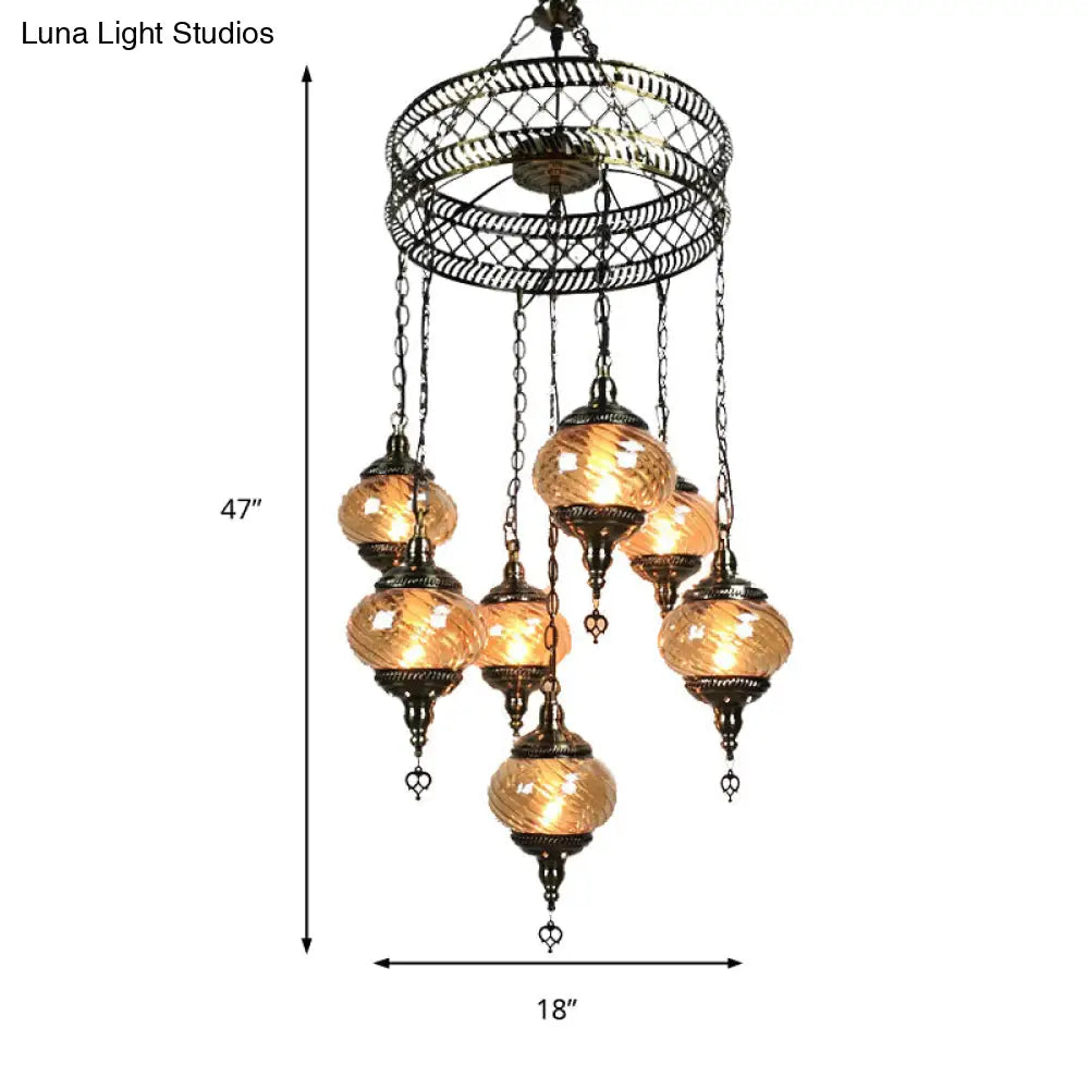 Vintage Bronze Chandelier With Colorful Glass Shades - 3/5/7 Bulbs Pendant Light For Coffee House