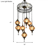 Vintage Bronze Chandelier With Colorful Glass Shades - 3/5/7 Bulbs Pendant Light For Coffee House