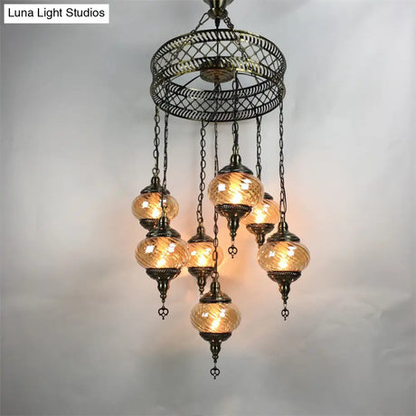 Vintage Bronze Chandelier With Colorful Glass Shades - 3/5/7 Bulbs Pendant Light For Coffee House
